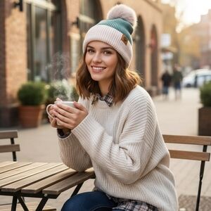POMPOM TWO TONES BEANIE LIGHT BLUE COLOR